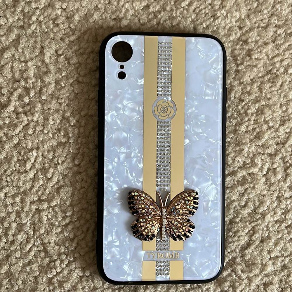 iPhone XR Phone Case - White Pearl with Sparkle Gold Decor